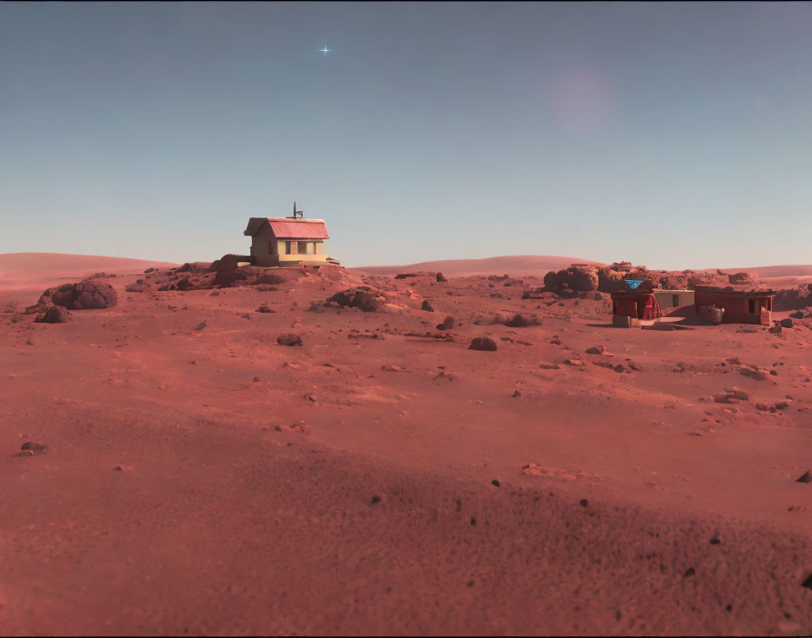 Solitary house with red roof in barren Martian-like landscape