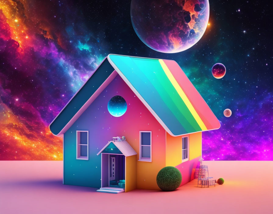 Colorful house with rainbow roof in cosmic setting