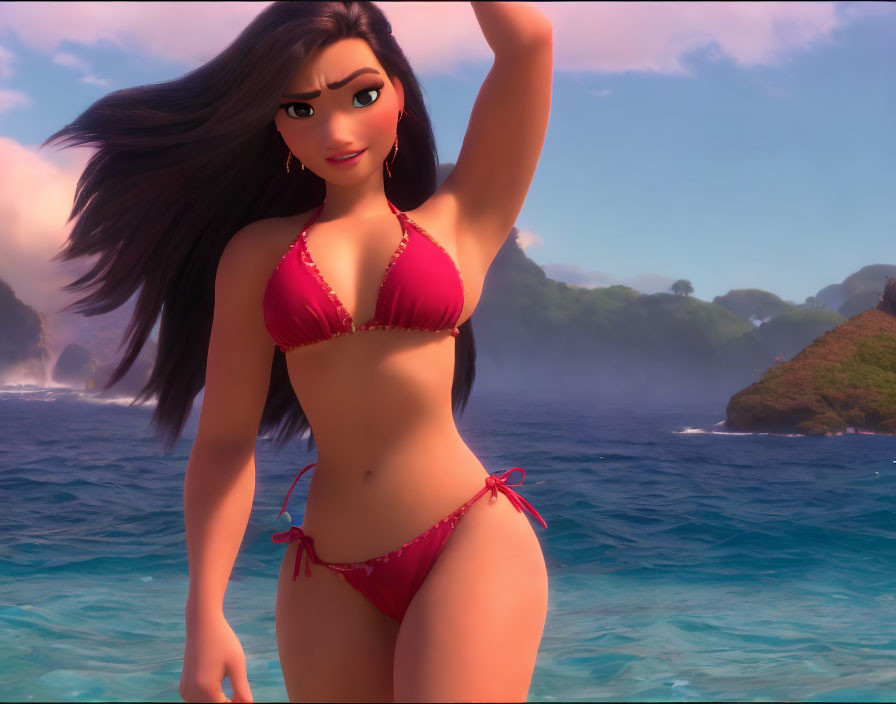 3D-animated female character in red bikini on beach with islands