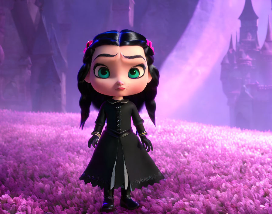 Stylized animated girl with green eyes in gothic attire in mystical forest