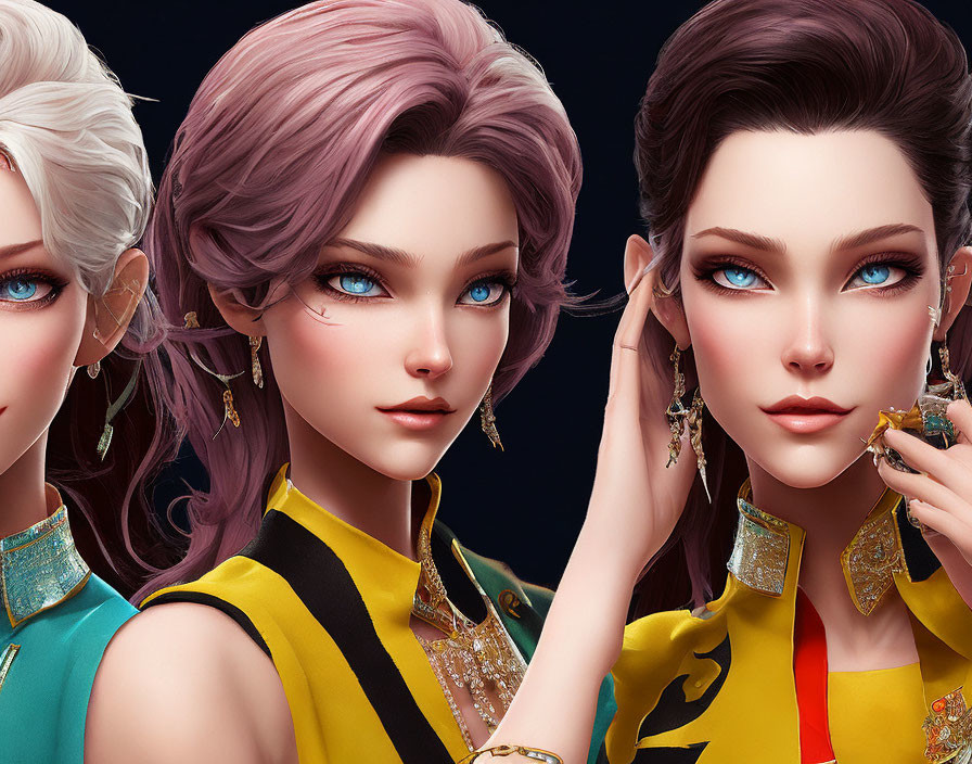 Colorful Stylized Female Characters with Asian-Inspired Outfits