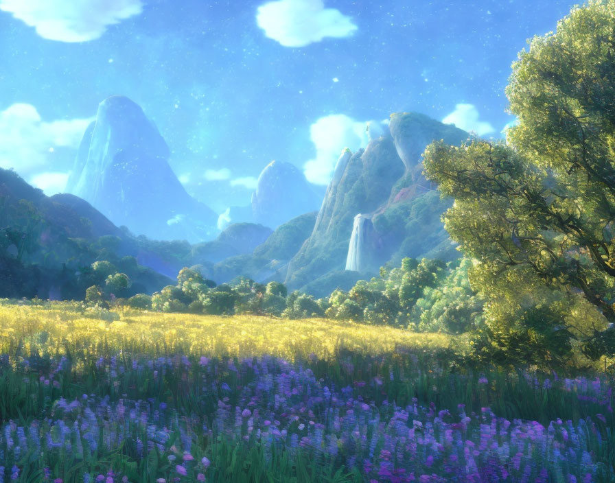 Tranquil animated landscape with wildflowers, trees, waterfalls, and misty mountains