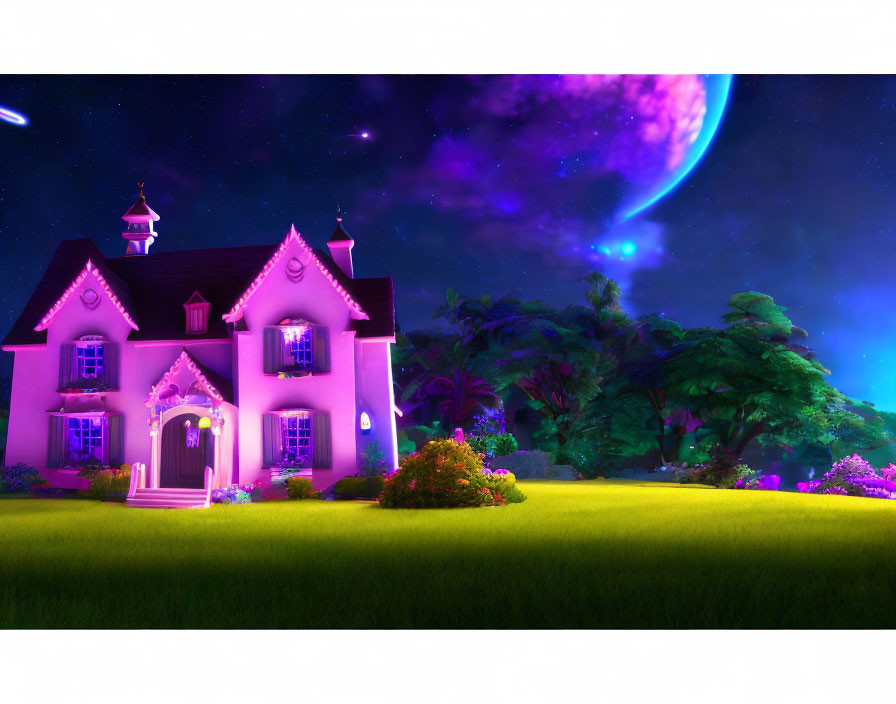 Pink house with glowing windows under night sky and vibrant planet amidst lush flora