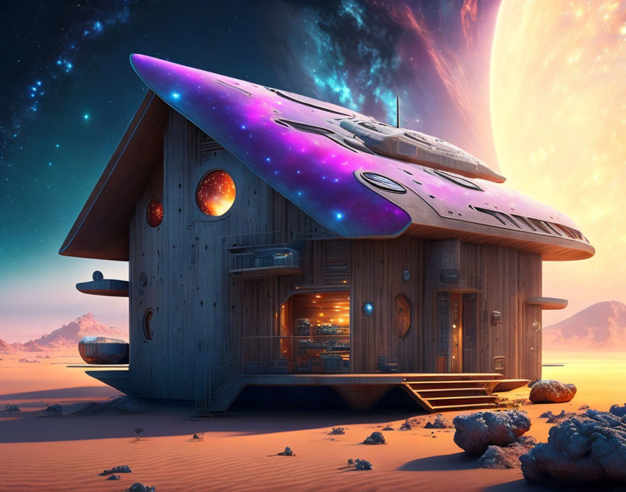 Unique spaceship-shaped house on desert planet with cosmic paint job under starry sky.