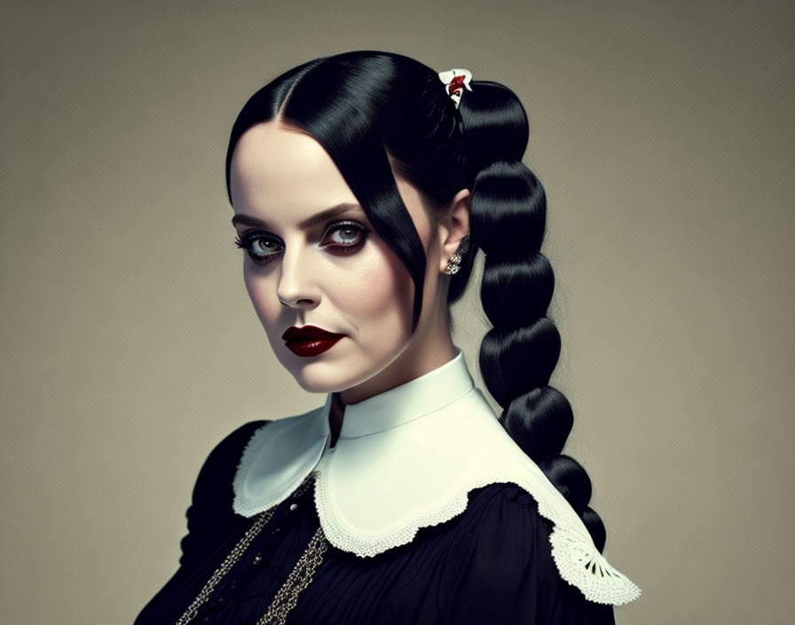 Portrait of woman with dark hair in braids, piercing eyes, black dress with white collar.