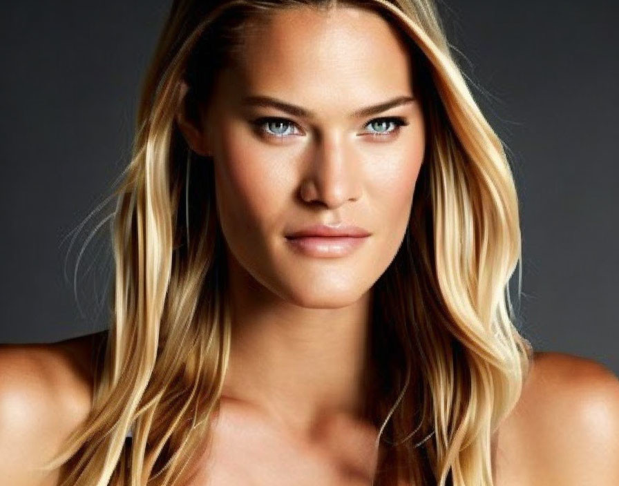 Blonde Woman Portrait with Blue Eyes and Natural Makeup on Grey Background