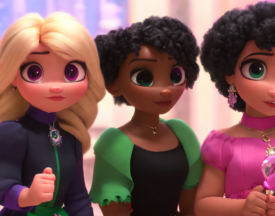 Three animated female characters with large eyes and colorful dresses, each with unique hairstyles, against a soft pink