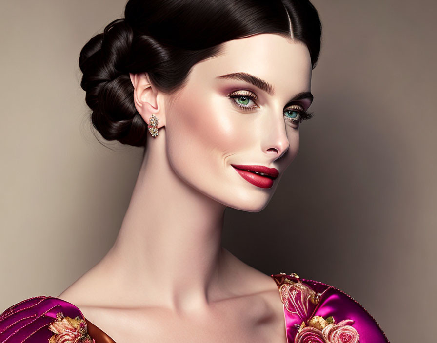 Portrait of Woman with Braided Updo, Green Eyes, Red Lipstick, Diamond Earring,