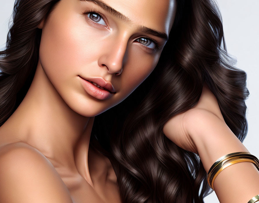 Woman portrait with flawless skin, brown hair, blue eyes, and golden bracelet