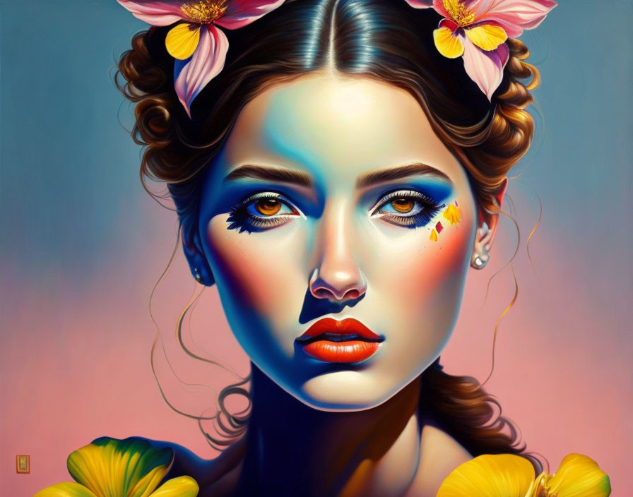 Colorful portrait of woman with blue eyes and flowers on gradient background