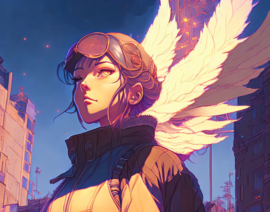 Illustration of person with angelic wings and aviator goggles in urban dusk setting