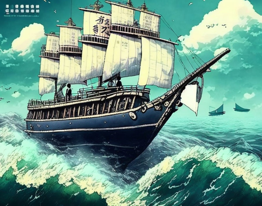 Detailed illustration of large sailing ship in naval colors battling rough seas