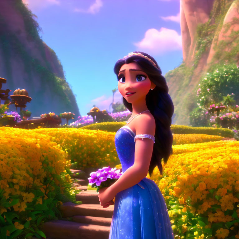 Blue-dressed 3D animated character in vibrant flower valley