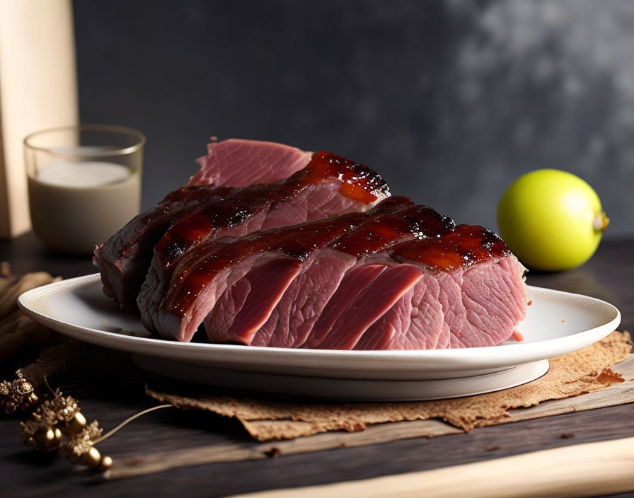 Glazed red meat slices on white plate with milk and green fruit