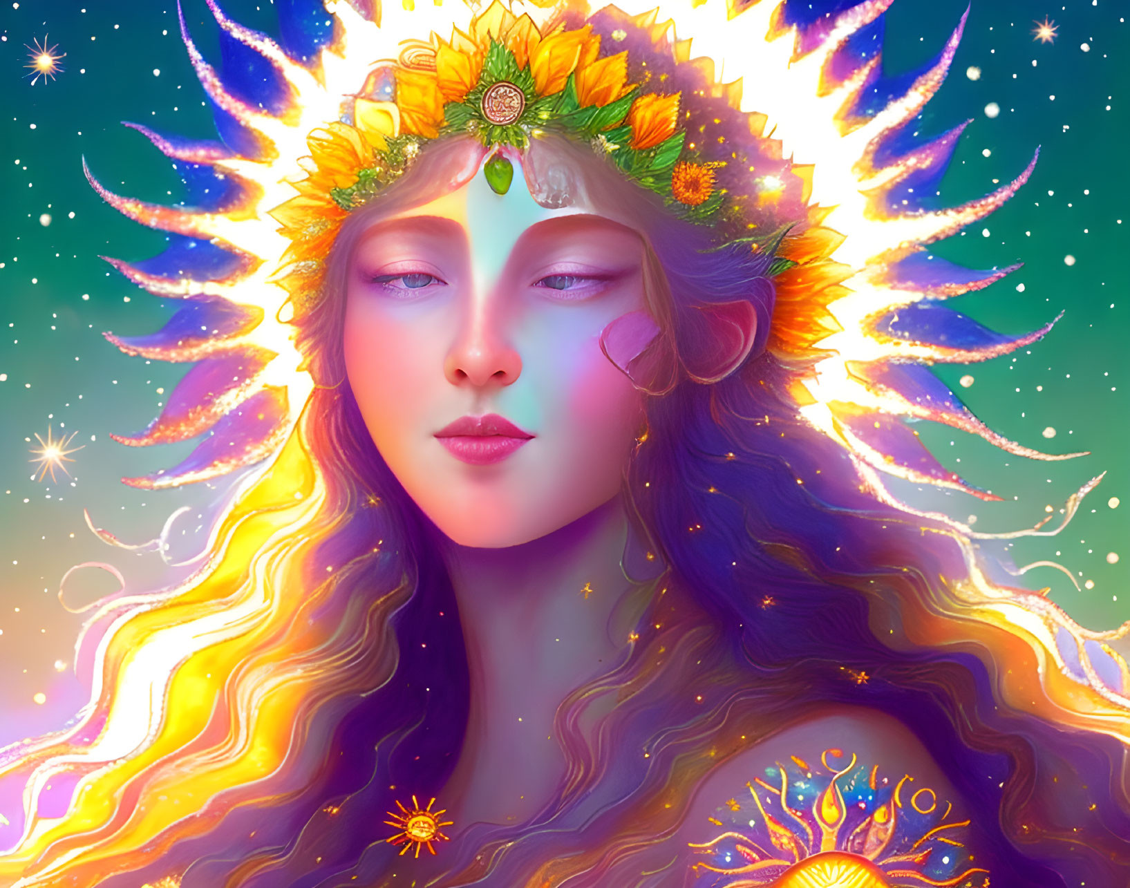 Colorful illustration: Mystical woman with golden hair and halo in cosmic setting