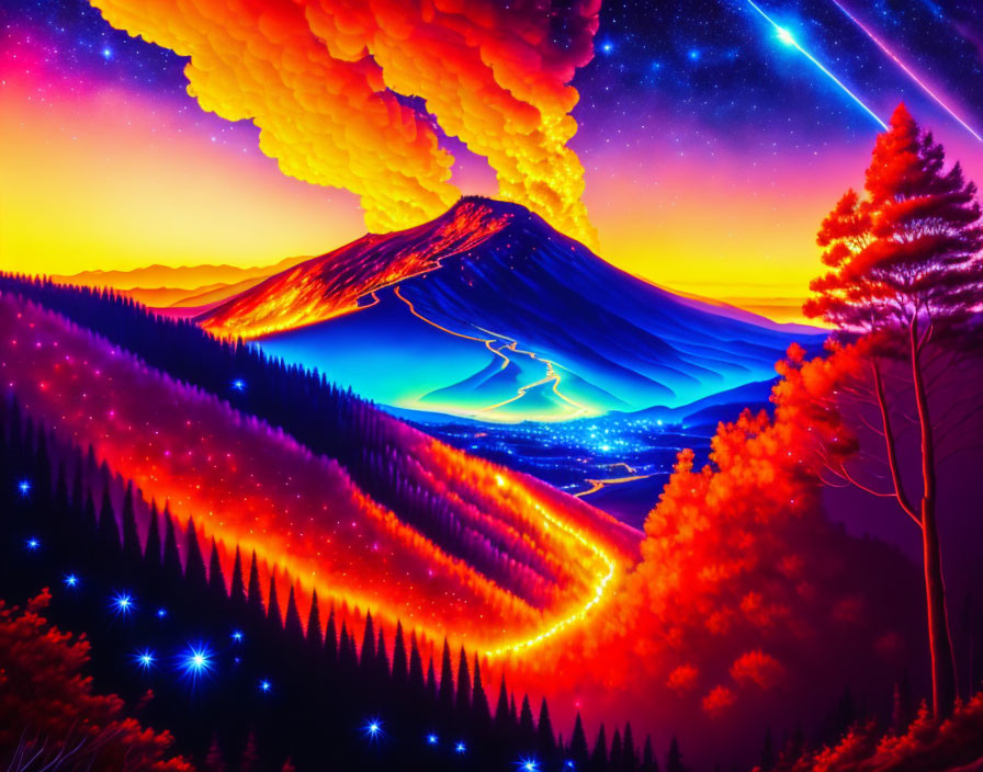 Digital Art: Volcanic Eruption in Neon Forest Under Starry Sky