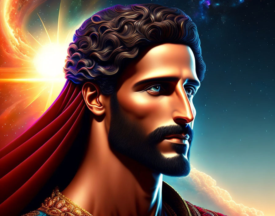 Stylized man with beard and regal attire against cosmic backdrop