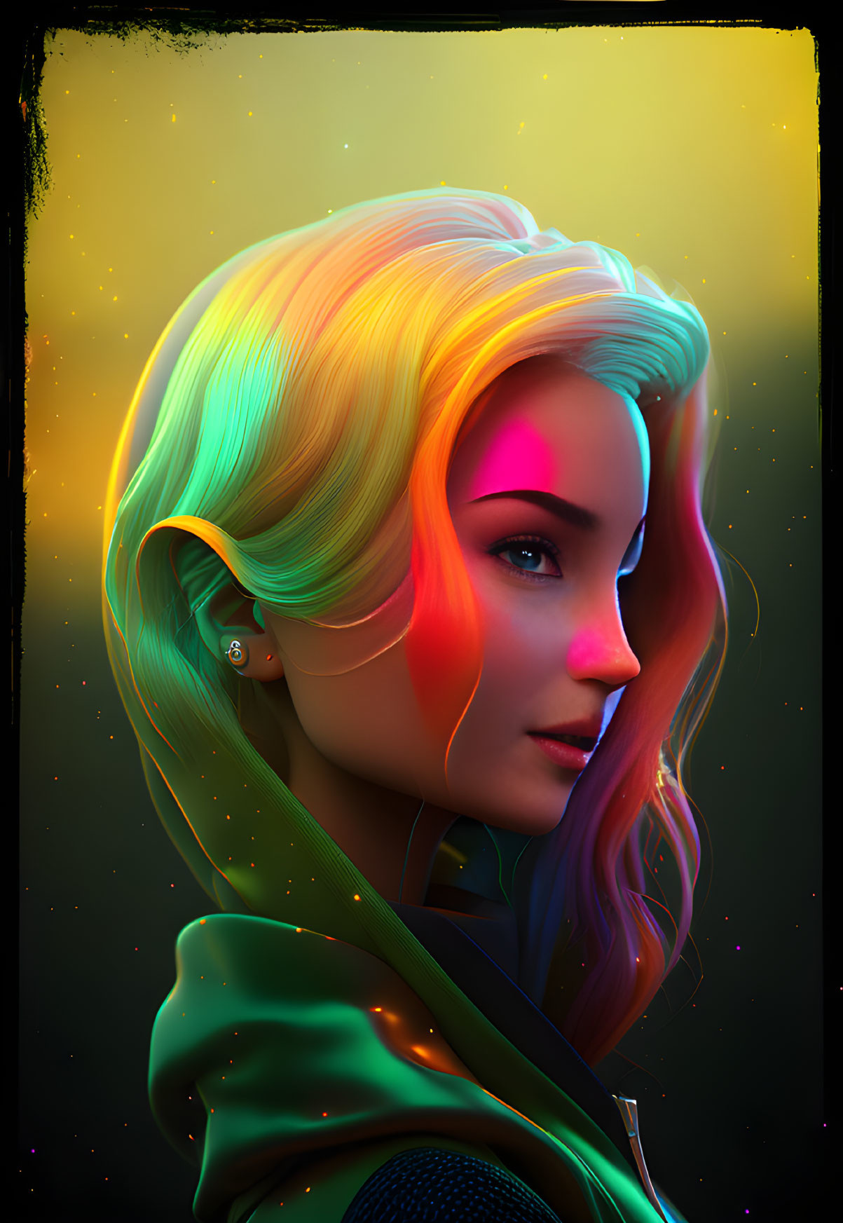 Vibrant digital portrait of woman with rainbow hair on dark backdrop