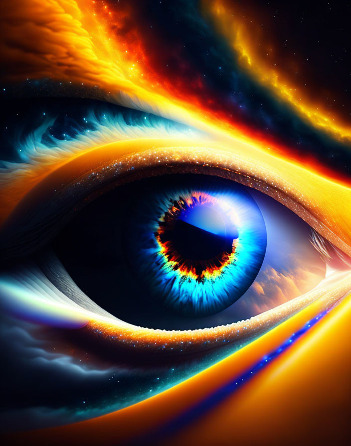 Surreal image: Human eye close-up with cosmic elements