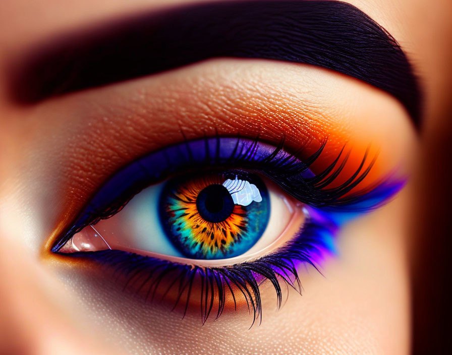 Colorful Eye Makeup Close-Up: Orange Eyeshadow and Blue Eyeliner