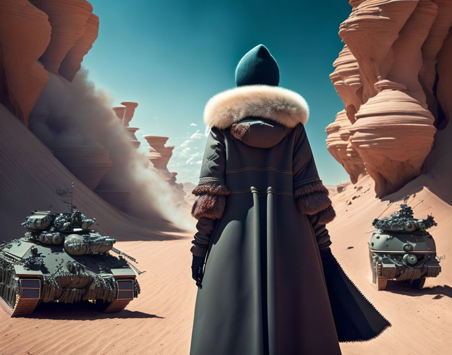 Cloaked figure in desert with futuristic tanks and rock formations