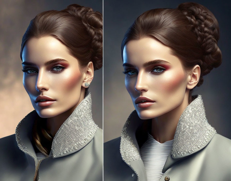 Digital Artwork: Woman with Sleek Hair Buns and High-Collared Jacket