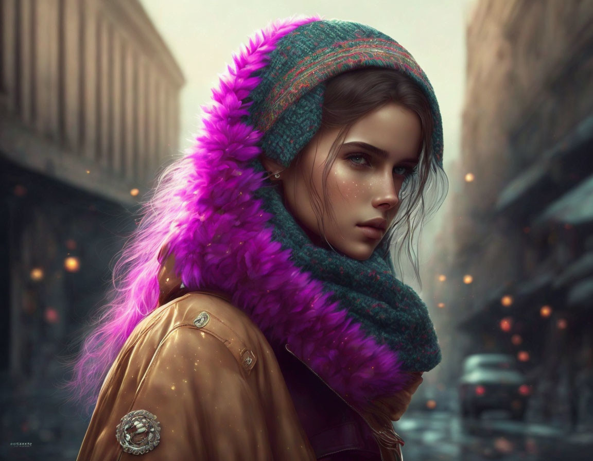 Woman in Purple Scarf and Knit Hat on Blurry Street with Twinkling Lights