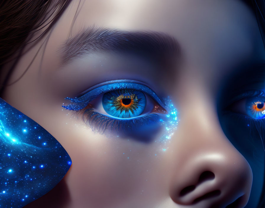 Detailed Close-Up: Vibrant Blue Eyes with Cosmic Makeup Theme