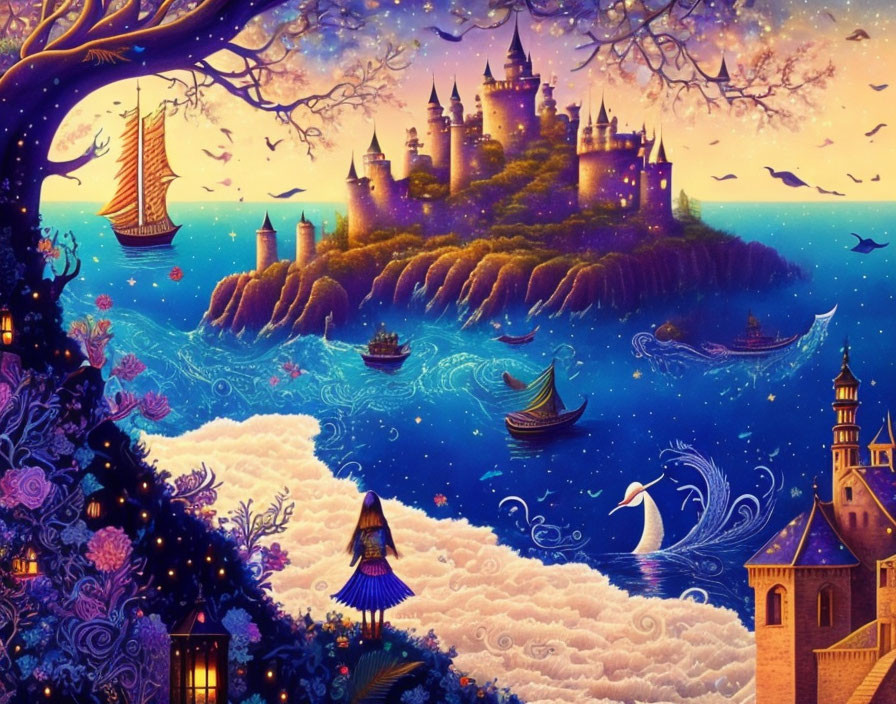 Colorful Artwork: Fantastical Scene with Castles, Ships, and Birds