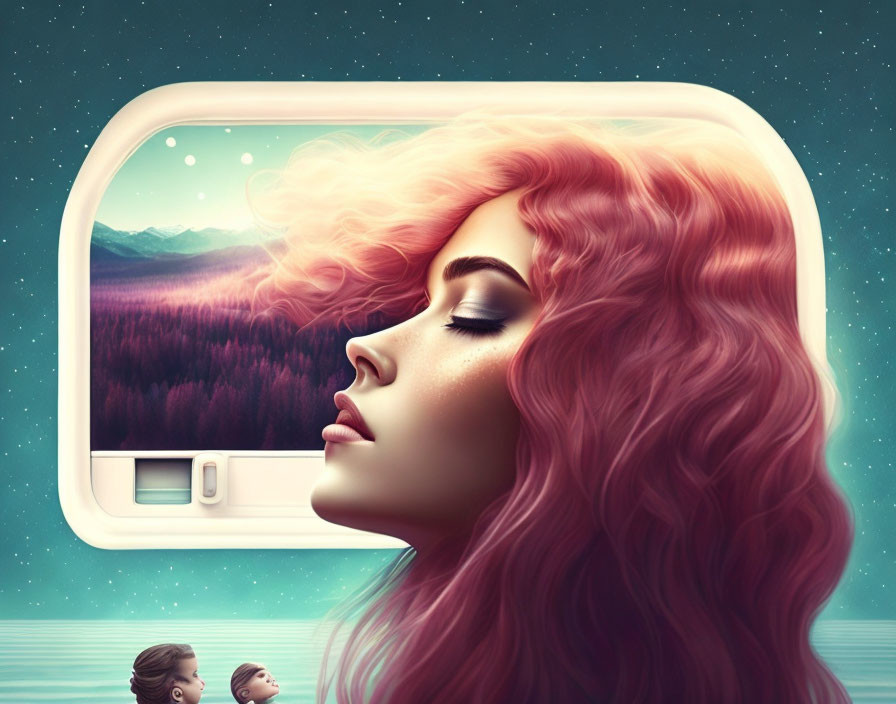 Surreal illustration of woman with pink cloud-like hair by airplane window.