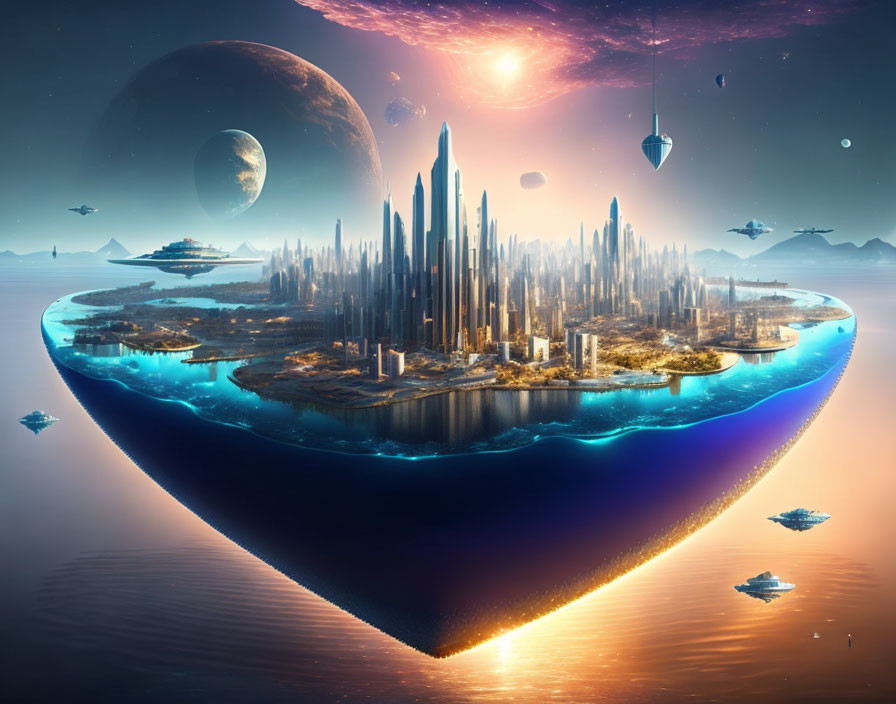 Futuristic floating island with skyscrapers, moons, spaceships, and starry sky reflected