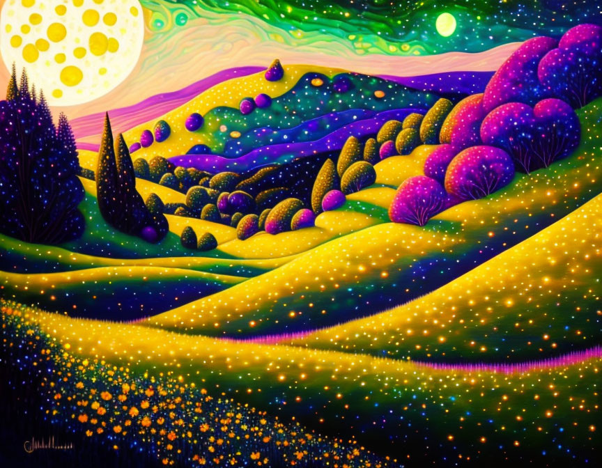 Colorful Stylized Landscape with Moon and Starry Sky