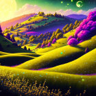 Colorful Stylized Landscape with Moon and Starry Sky