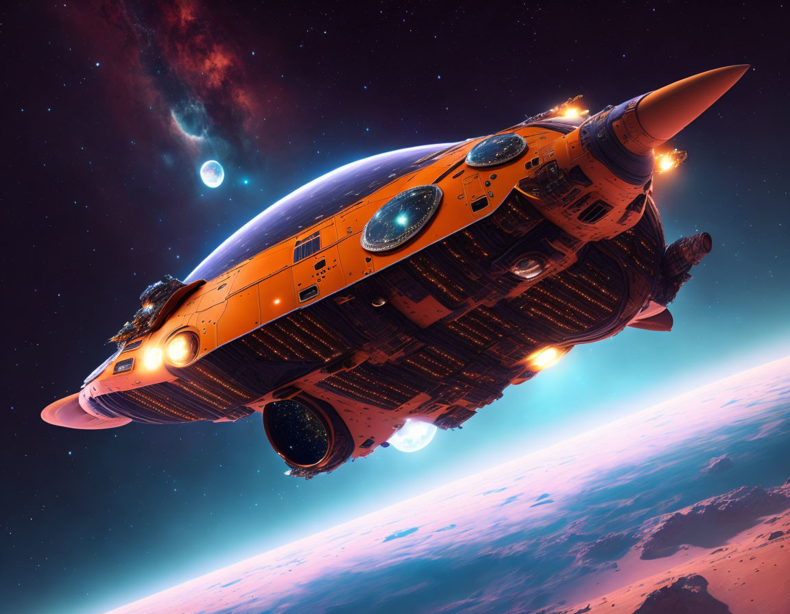 Futuristic orange spaceship flying over planet with celestial bodies