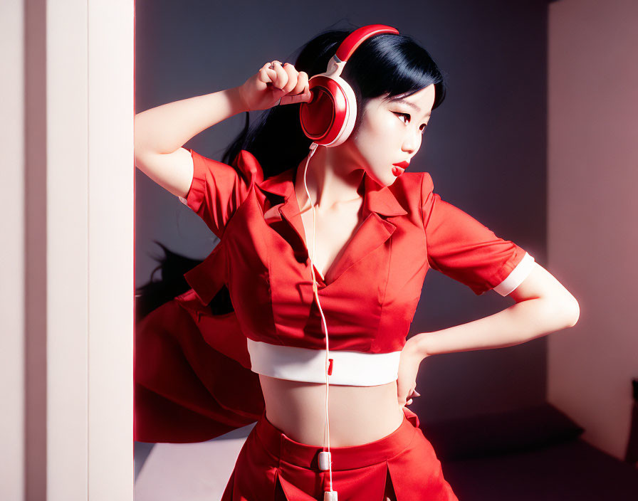 Person in Red Outfit with Matching Headphones and Sleek Hair Poses with Hand on Hip