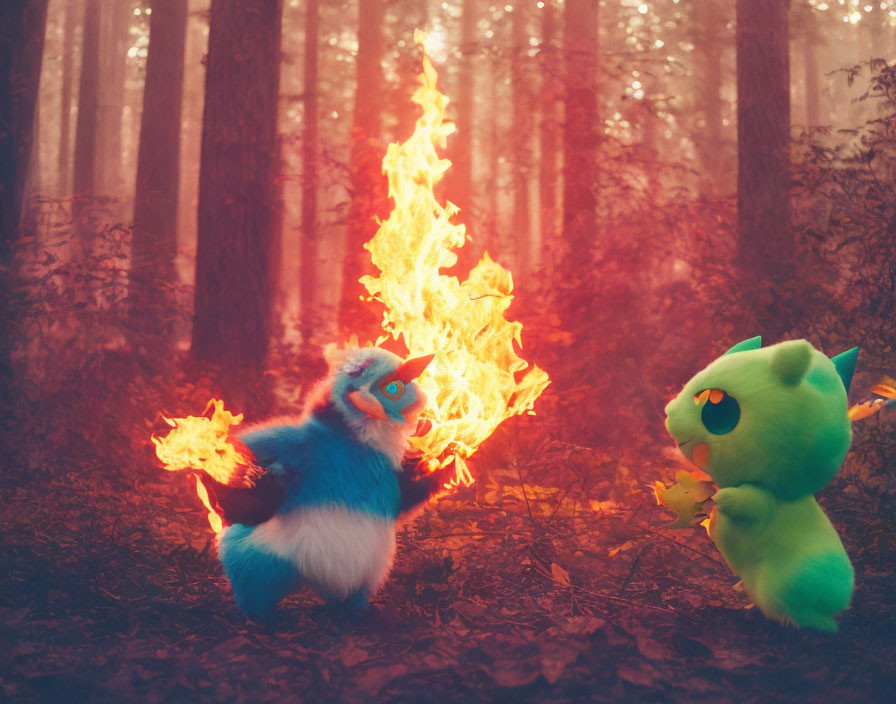 Blue and white Vaporeon and green Trico in mystical forest with fiery effects