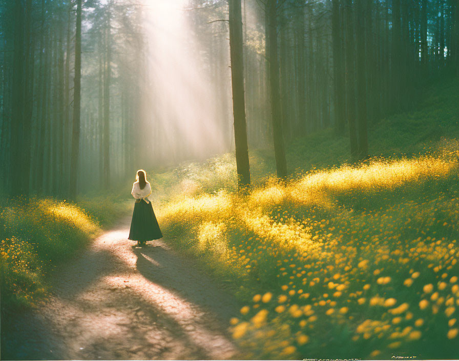 Person standing on forest path with sunlight streaming through trees