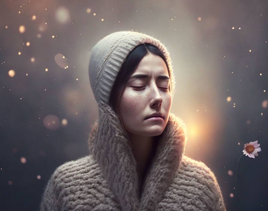 Contemplative woman in woolly hat and sweater with flower in serene bokeh backdrop