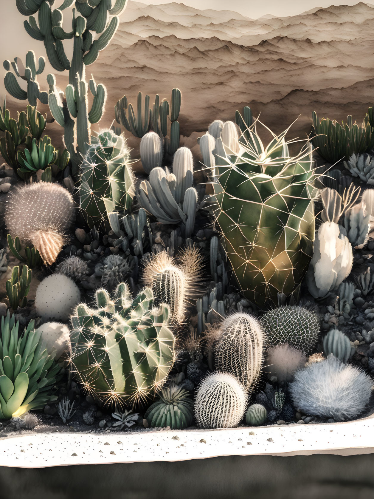 Assorted cacti and succulents under warm light against sandstone cliffs.