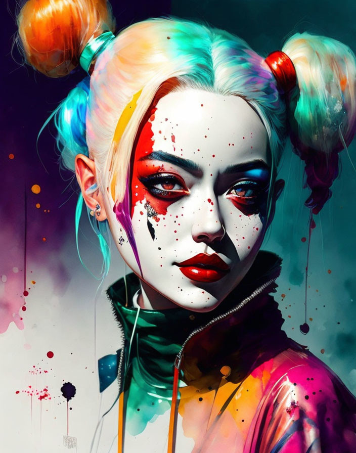 Dual-toned hair woman with colorful paint splatter and red eye portrait