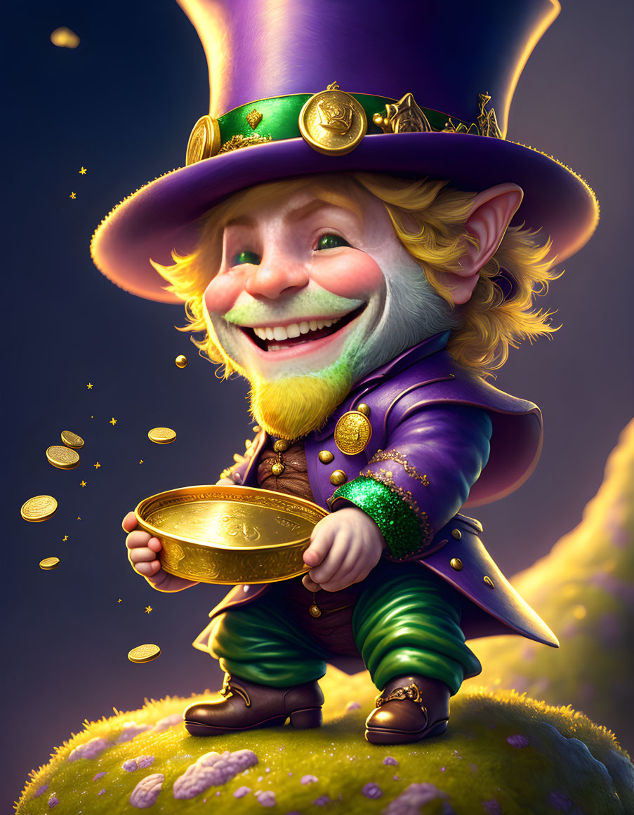 Cheerful leprechaun with top hat holding gold coin on hill