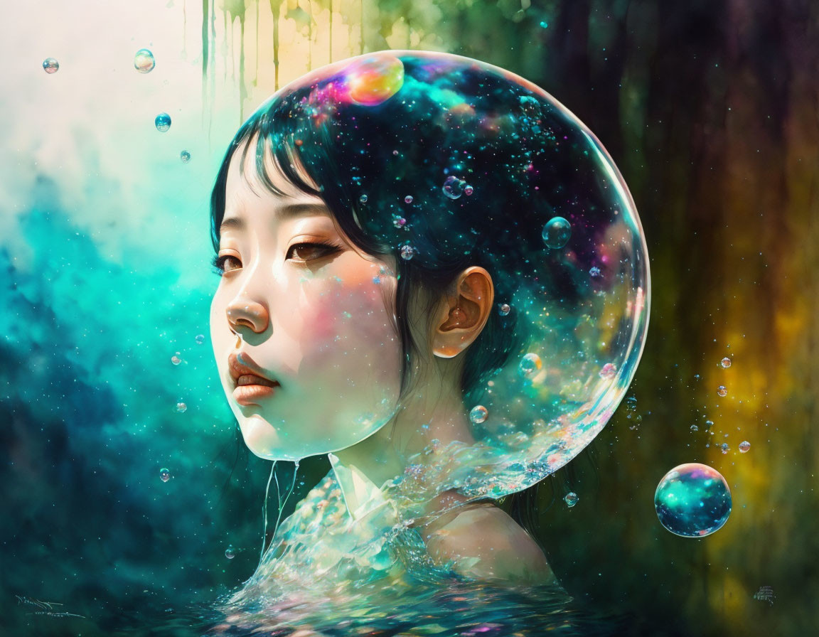 Digital artwork: Asian woman in cosmic bubble environment