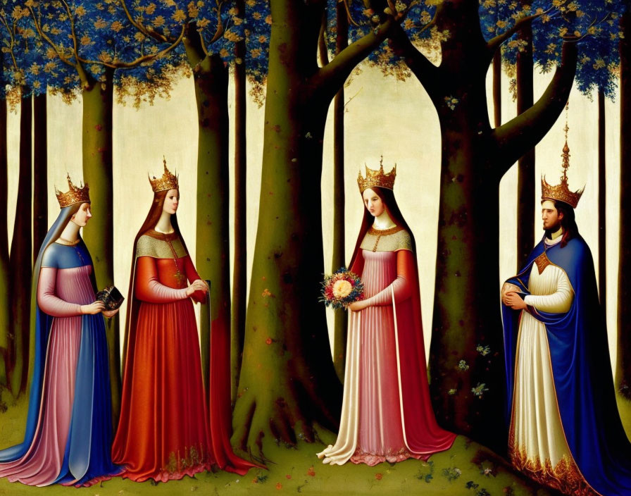 Medieval-themed artwork featuring four regal figures in a stylized forest