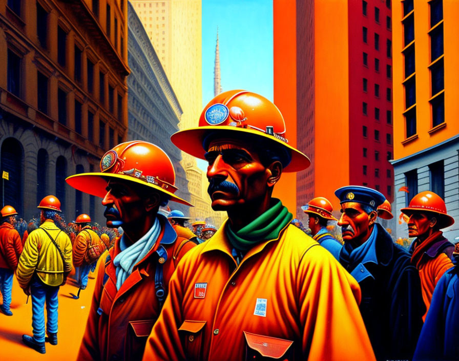 Colorful painting of construction workers with hard hats against cityscape backdrop.