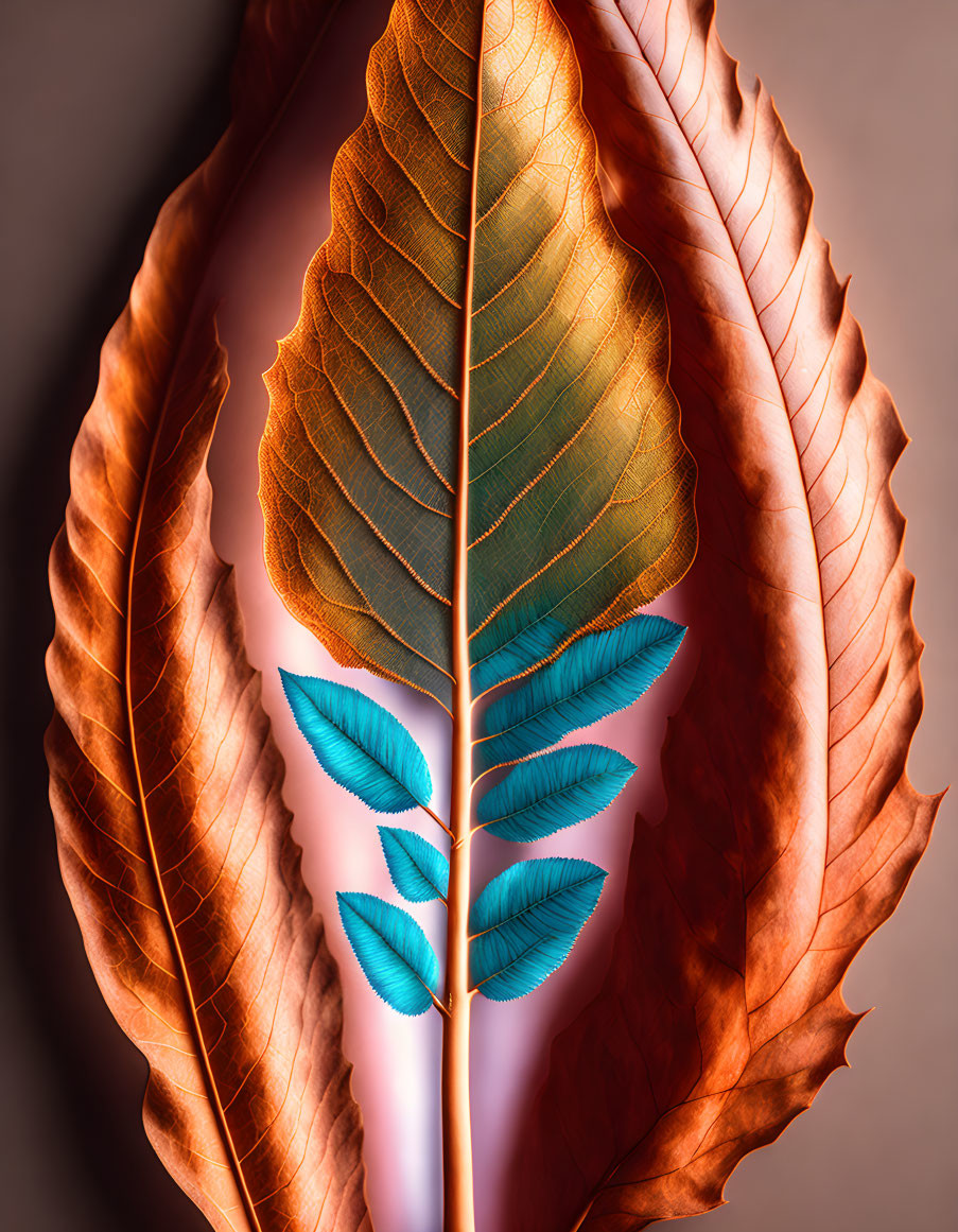 Brown Leaf with Blue Leaves on Pink Background - Detailed Description