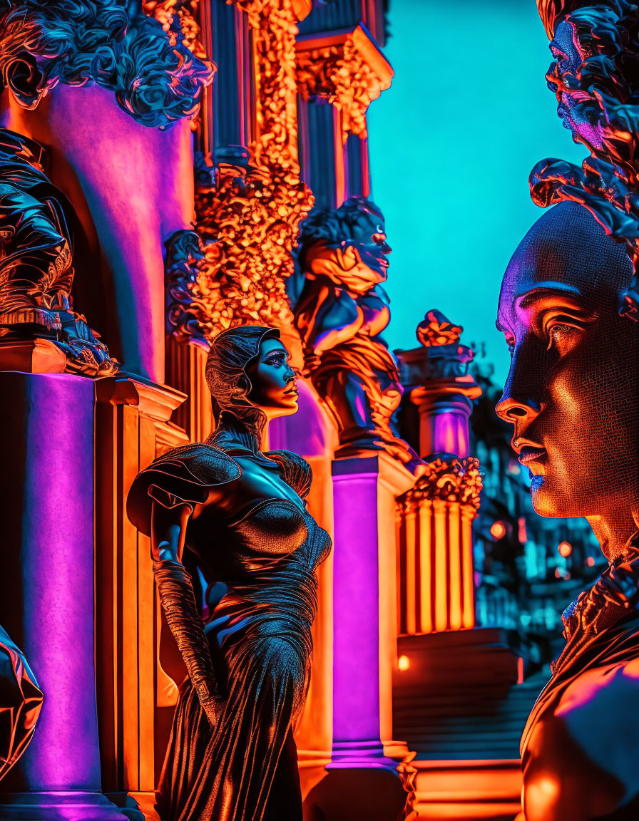 Vibrant scene of woman in classic gown with statue head, amidst ornate pillars under dramatic lighting