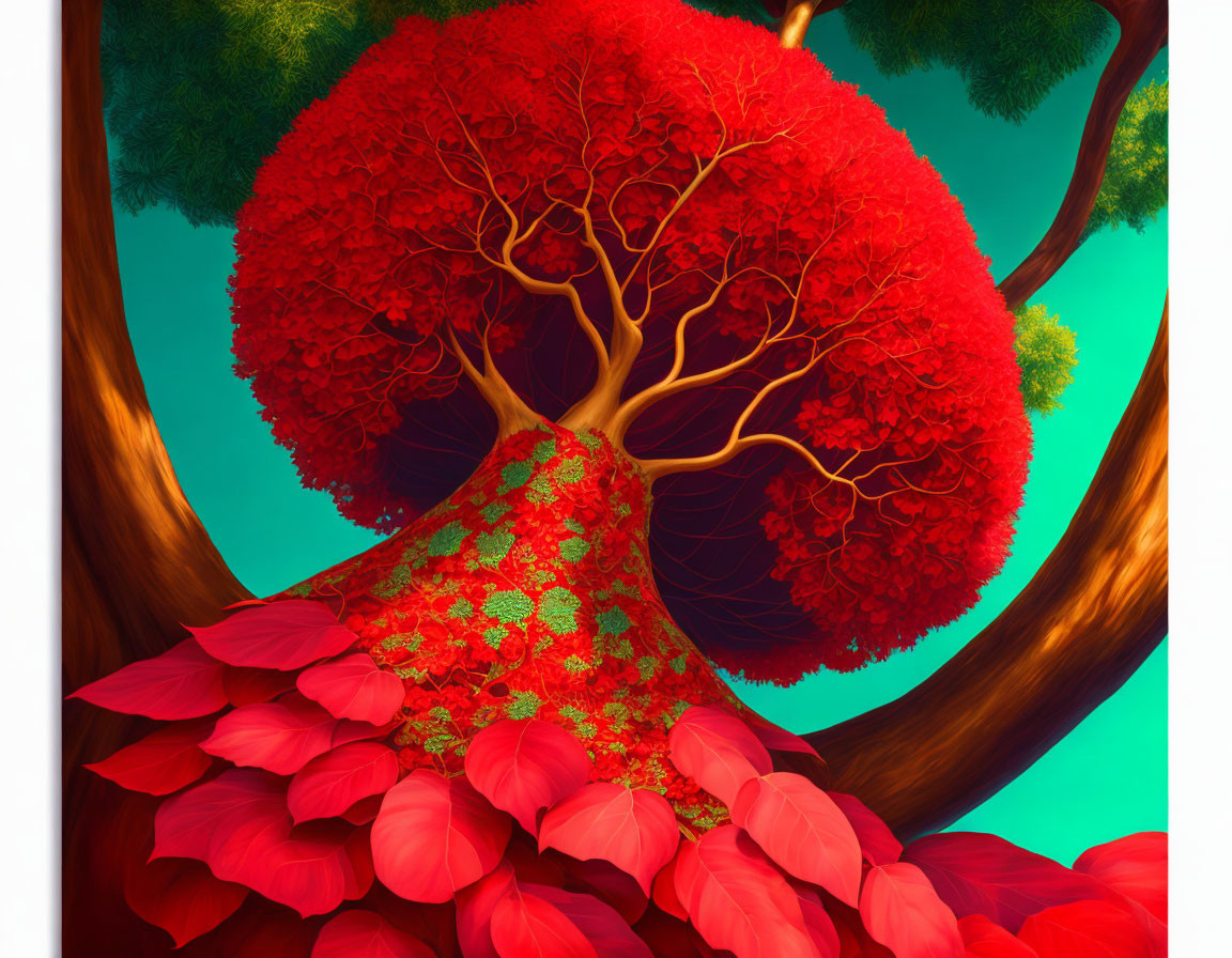 Colorful whimsical tree illustration with broad trunk and red foliage on teal background