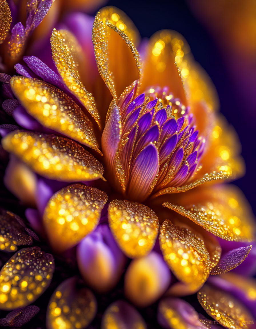 Detailed Close-Up of Vibrant Purple and Gold Flower with Dewdrops