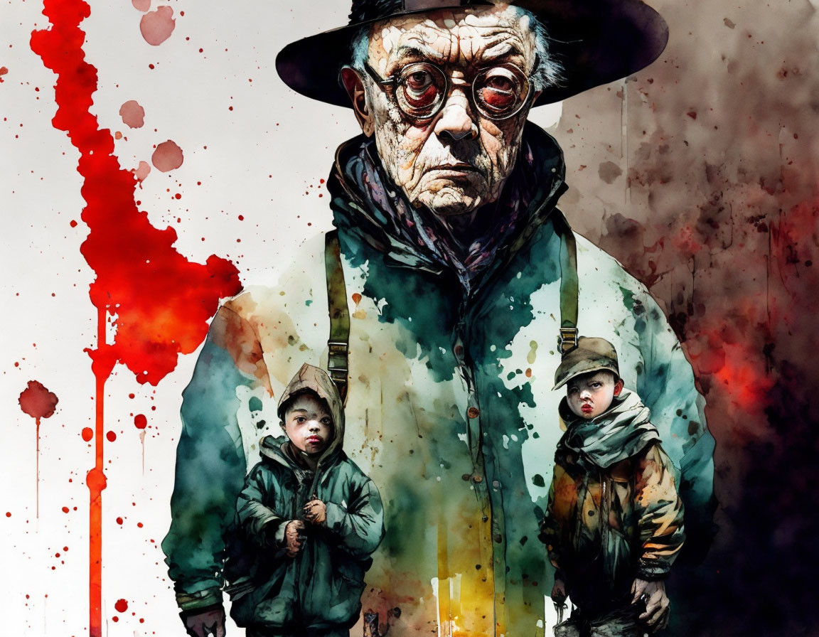 Illustration of older man, children splattered with red paint