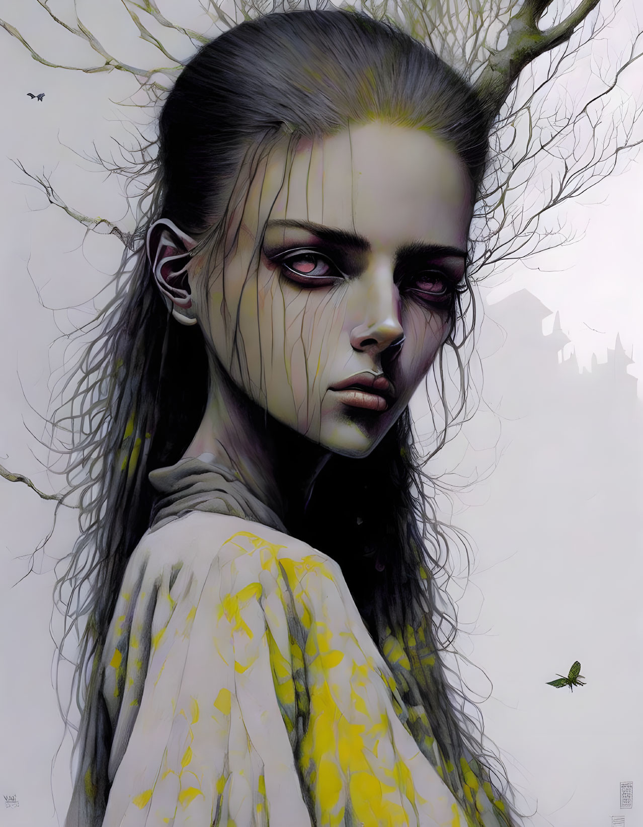 Sombre woman portrait with dark hair and yellow accents in haunting style